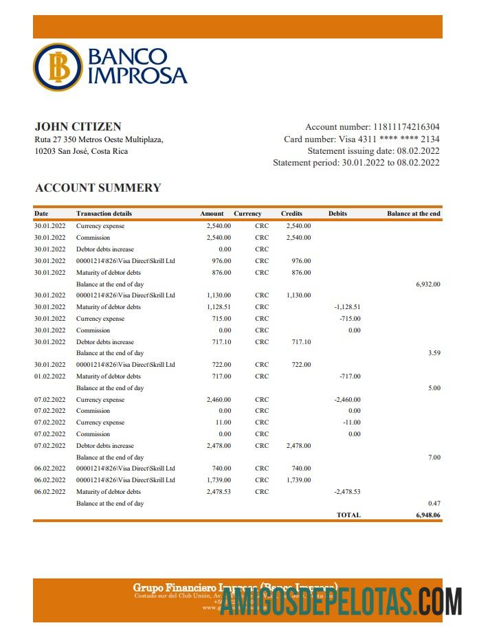 Costa Rica Banco Improsa Bank Statement Xls examplo